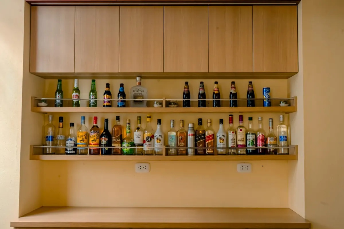 A detail of the hotel bar with its drinks display