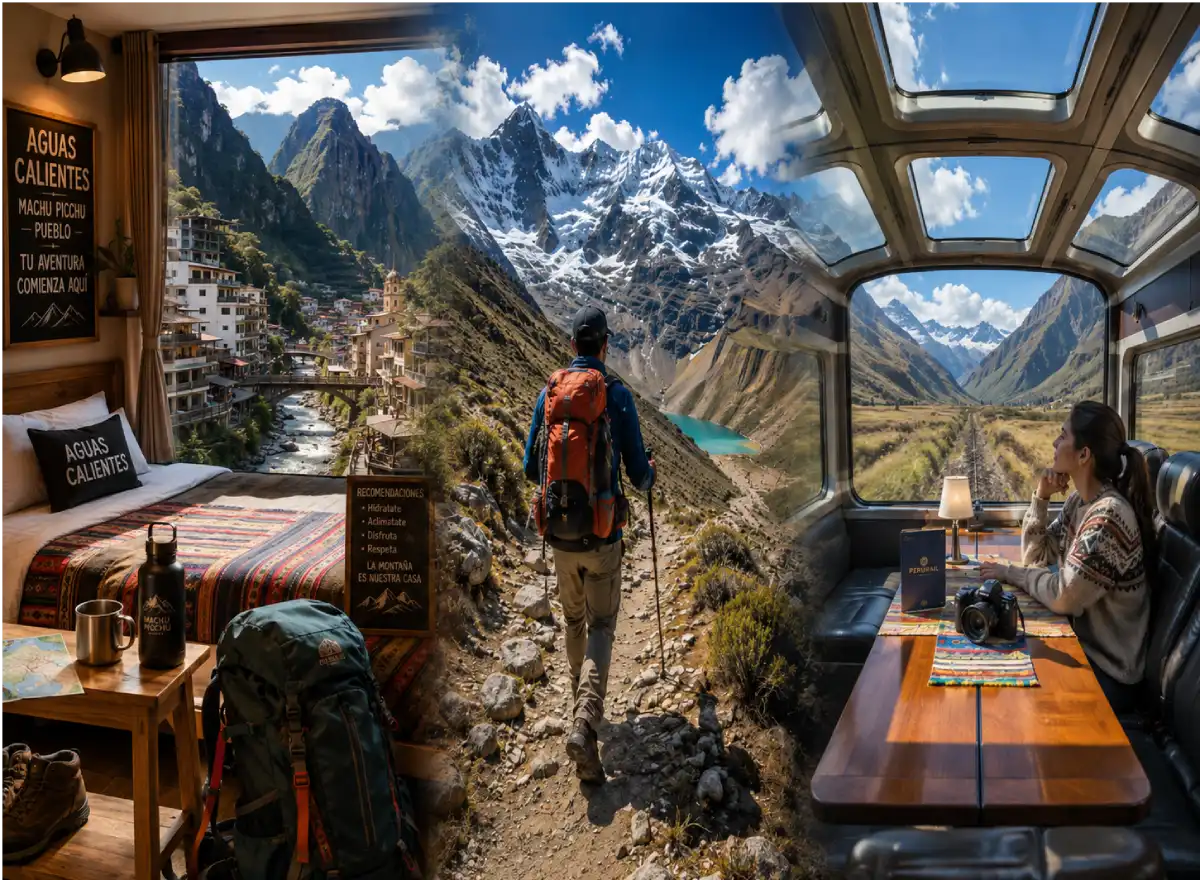 Trip to Machu Picchu by train, trekking route, or an overnight stay in Machu Picchu Pueblo.