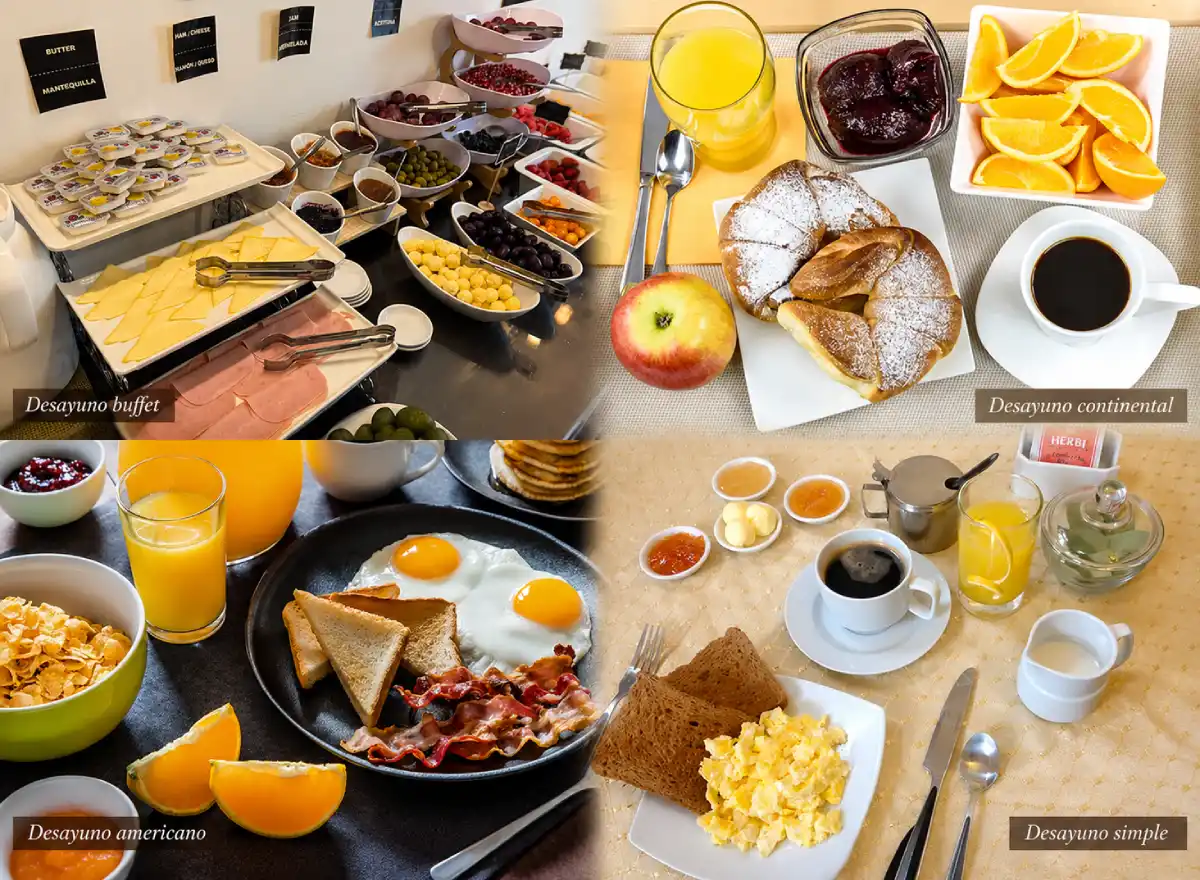 Collage showing buffet, continental, American, and basic breakfasts with different hotel breakfast options.