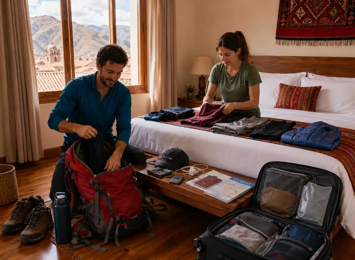 Travelers organizing luggage in a hotel room in Cusco after a trek, with a backpack, documents, chargers, and trekking clothes separated.