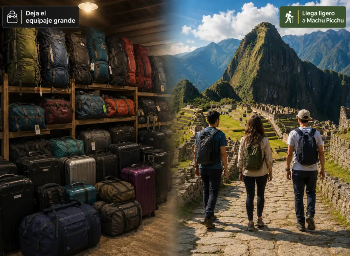 Suitcases stored at a hotel in Cusco before Machu Picchu while travelers carry smaller backpacks.