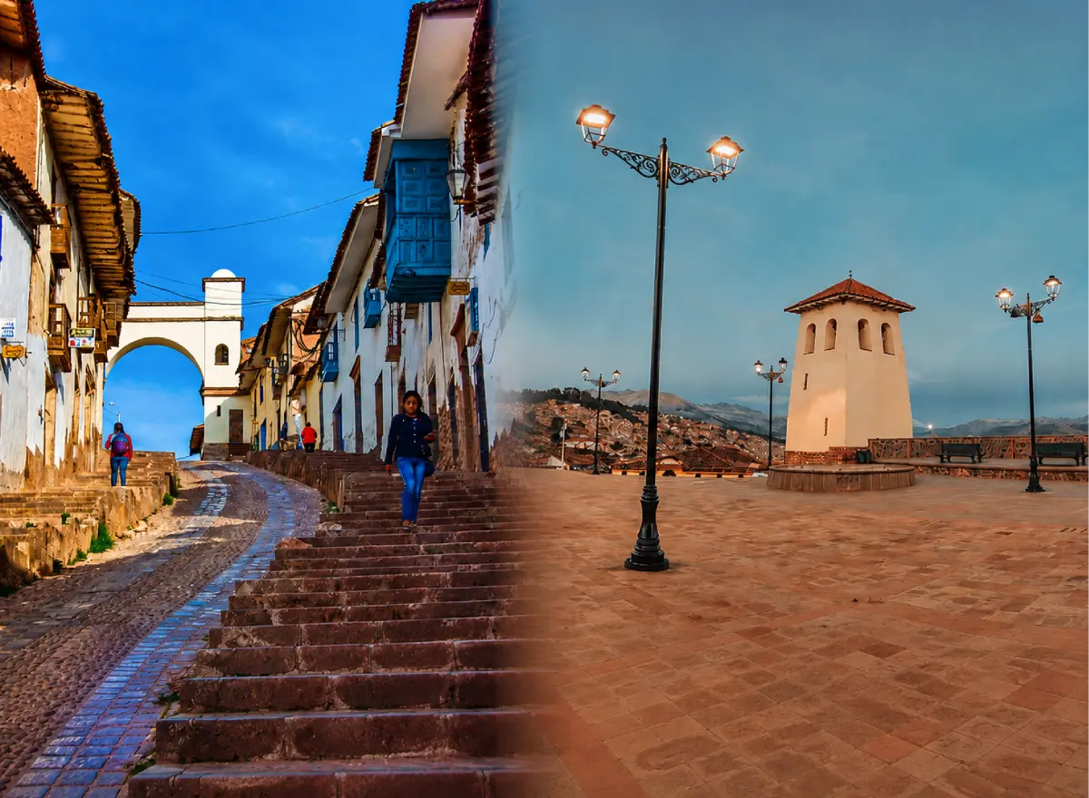 Santa Ana neighborhood in Cusco with a colonial arch, steep streets, and a viewpoint overlooking the city.