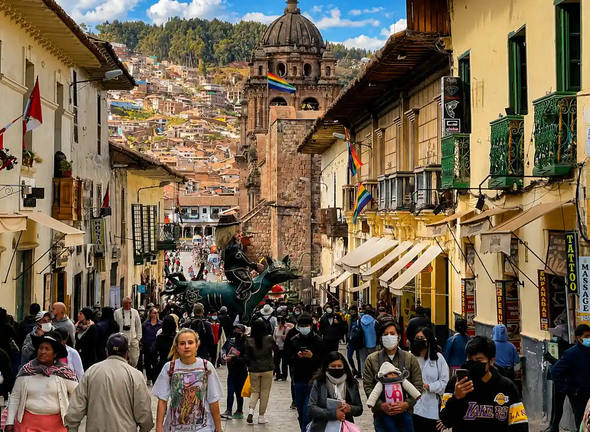 Calle Marqués in Cusco Historic Center with pedestrians, stores, colonial buildings, and daytime urban activity.