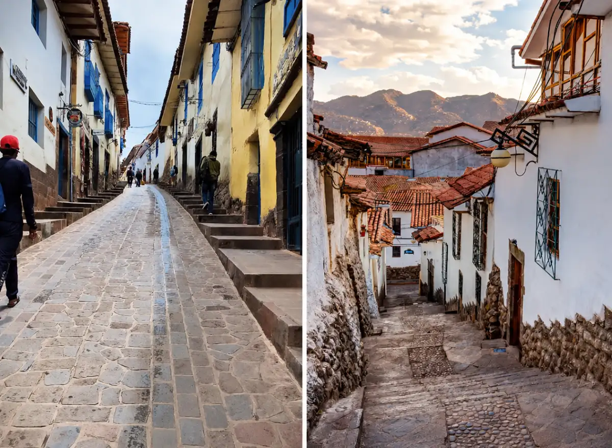 Collage of cobblestone streets in San Blas, Cusco, showing slopes and traditional colonial houses.