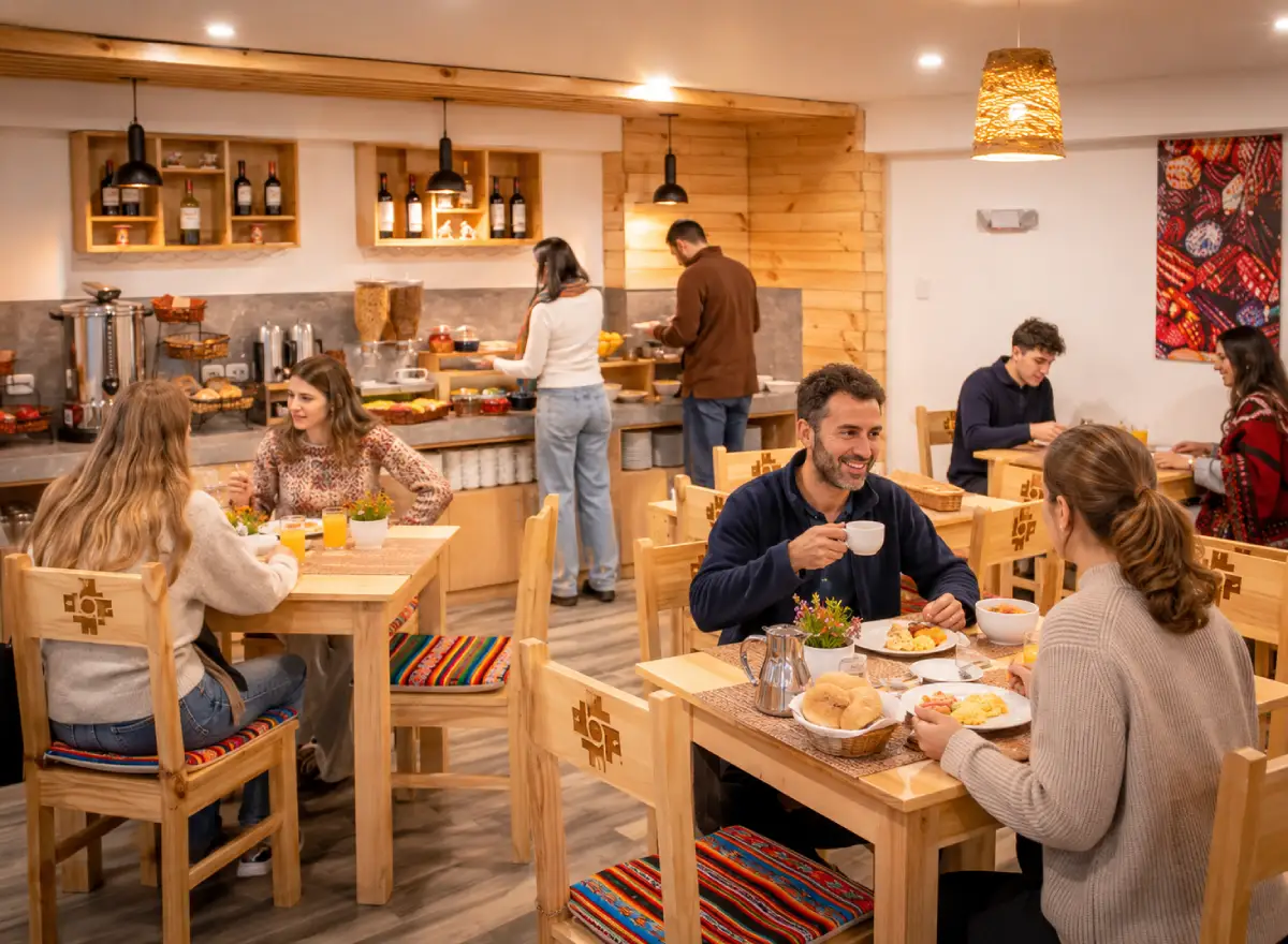 Guests having a buffet breakfast at a hotel in Cusco with breakfast in the Santa Ana neighborhood.