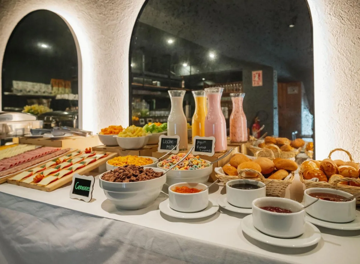 Hotel breakfast buffet with bread, cereal, juice, jam, hot drinks, and sweet options arranged on a dining table.