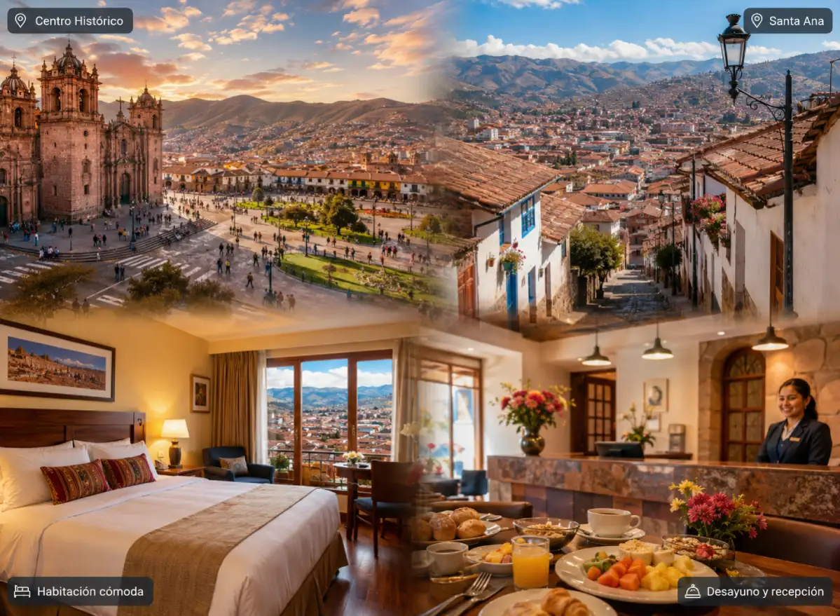 Collage of hotels near Cusco Historic Center hotels showing location, Santa Ana, a guest room, breakfast, and reception.