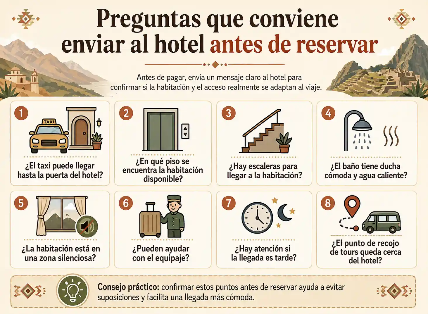 Infographic with key questions to send the hotel before booking, covering taxis, floor, stairs, bathroom, quiet rooms, luggage, late arrival, and tours.