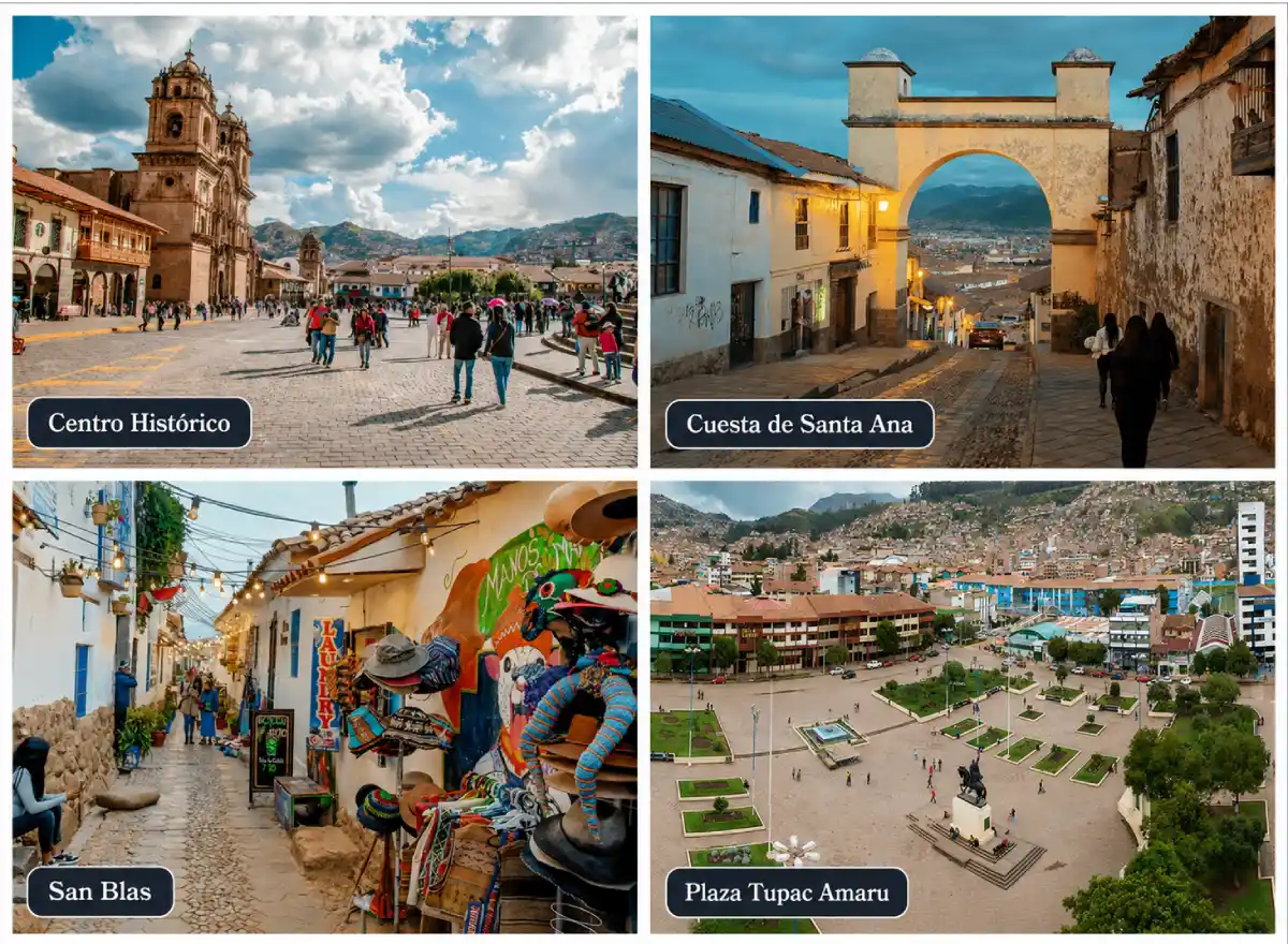 Collage of areas to stay in Cusco showing the Historic Center, Santa Ana hill, San Blas, and Plaza Túpac Amaru.