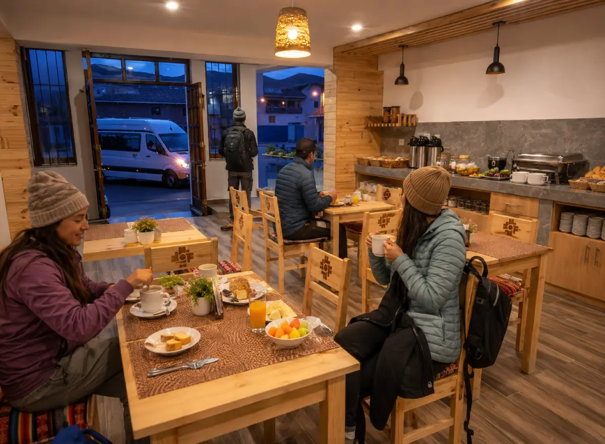 Pasajeros desayunando temprano en Ayni Cusco Hotel antes de abordar una van para salir a sus tours en Cusco.