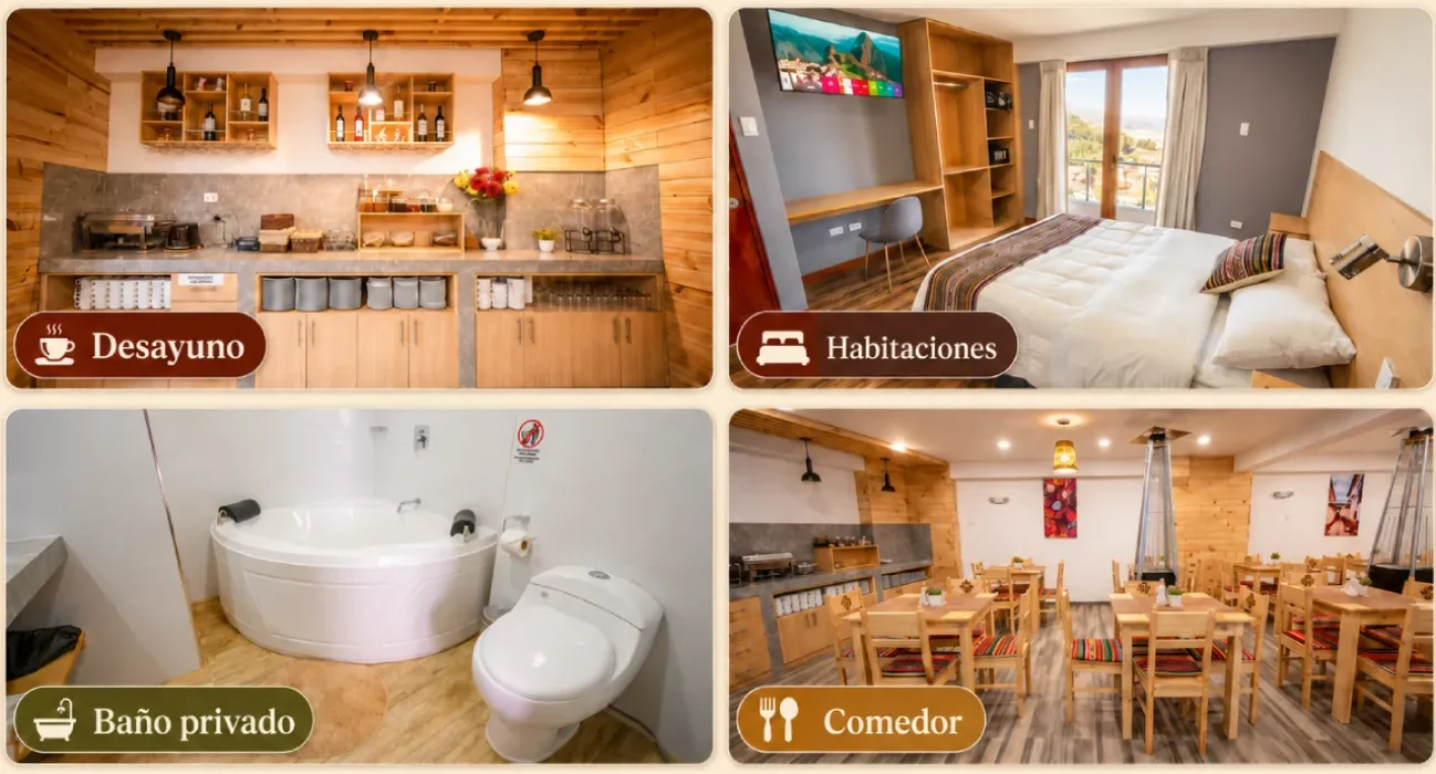 Collage de servicios básicos de Ayni Cusco Hotel para viajeros que buscan alojamiento cómodo en Cusco