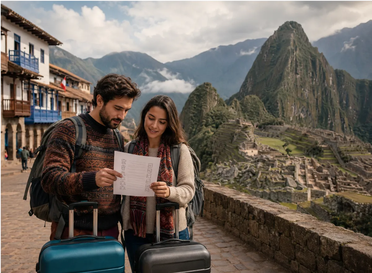 Couple reviewing services at a hotel in Cusco before Machu Picchu, with luggage and travel schedules.